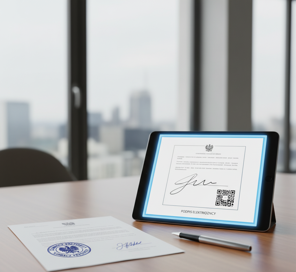 Pieczęć tłumacza przysięgłego na dokumencie. Obok leży tablet z otwartą stroną tłumaczenia online i myszka komputerowa. Symbolizuje legalizację dokumentów cyfrowych.