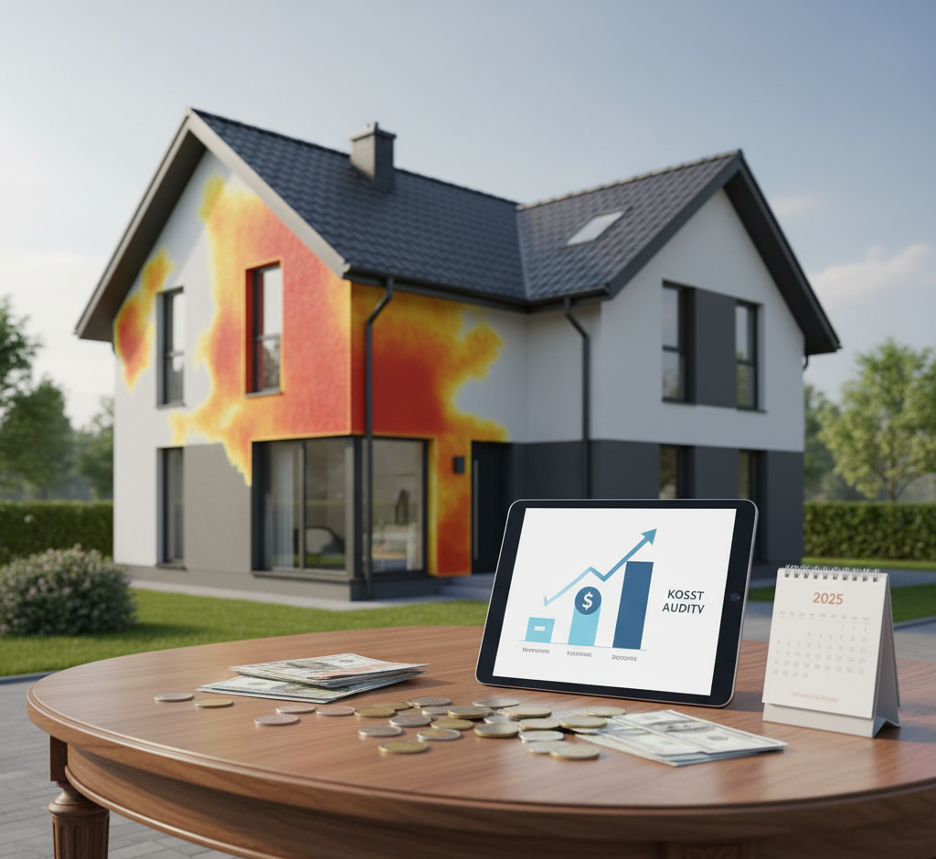 Technik wykonujący audyt energetyczny za pomocą kamery termowizyjnej na tle ściany domu, obok widoczny jest kalkulator i plik z napisem "Audyt Energetyczny 2025".
