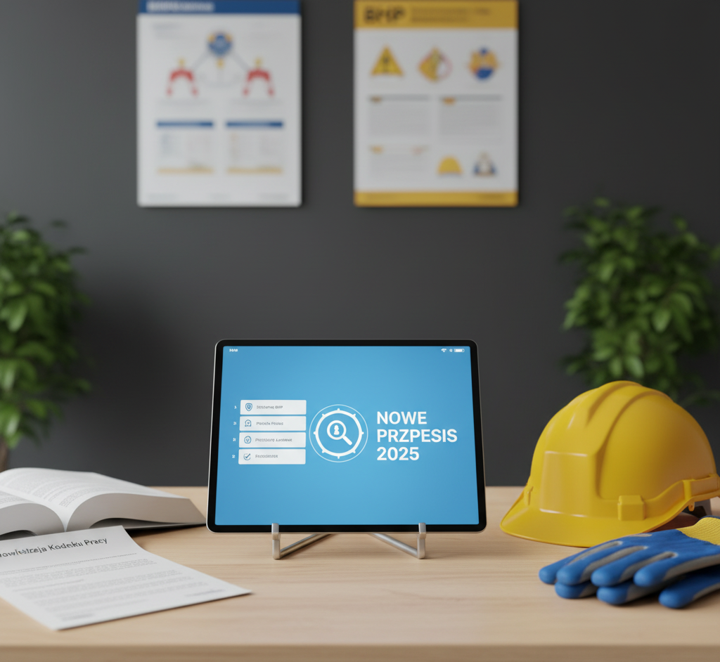 Dokument lub tablet z nowymi regulacjami BHP i rokiem 2025. Obok leży kask ochronny i notatnik symbolizujący nowe procedury szkoleniowe.
