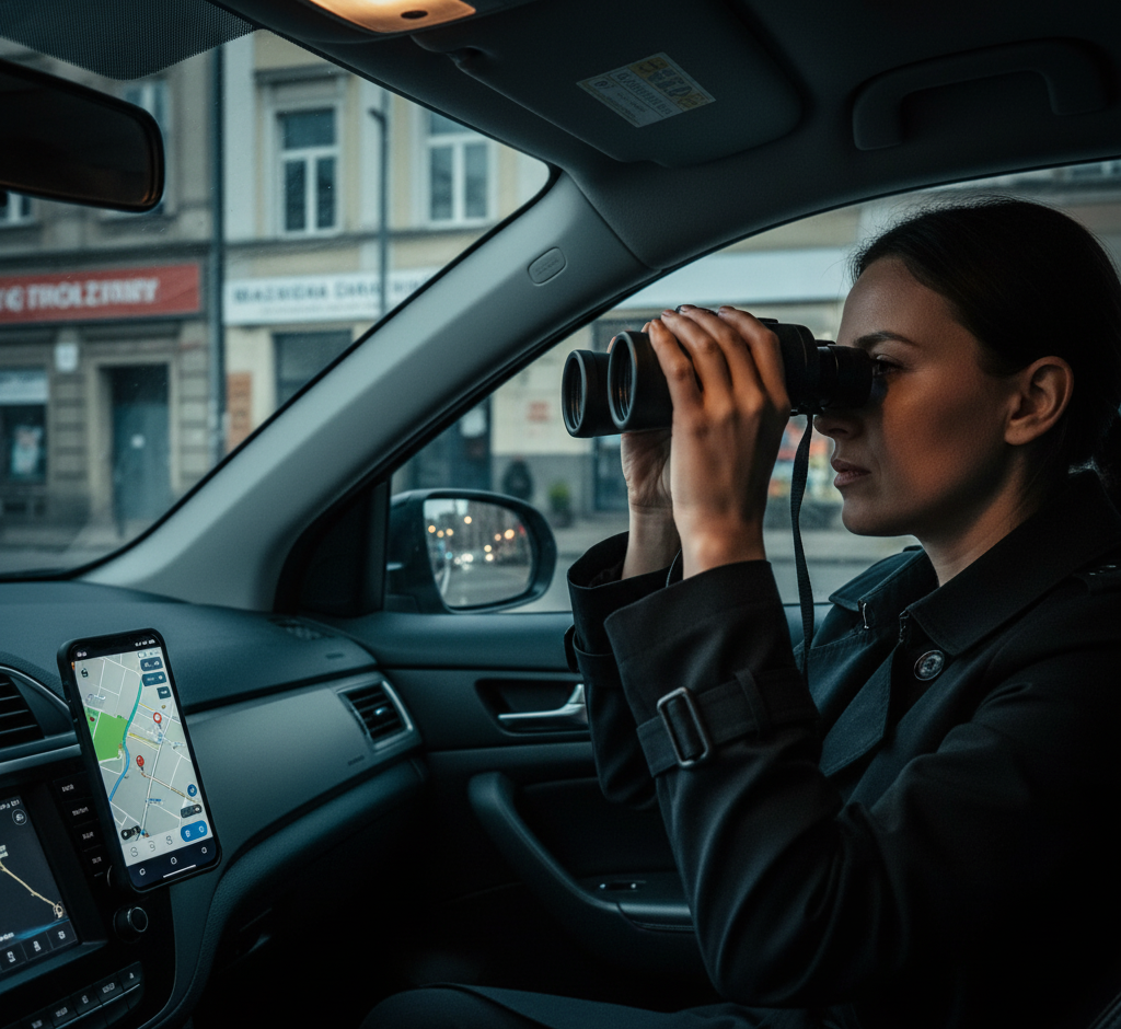 Detektyw w samochodzie z telefonem wyświetlającym mapę lub dane, notesem, kamerą i lupą. Symbolizuje nowoczesne metody pracy śledczej.