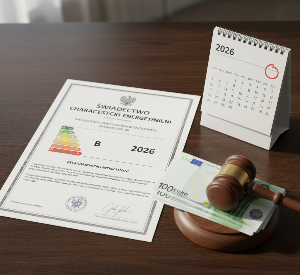 Dokument certyfikatu energetycznego z widoczną klasą energetyczną (np. literą "A" lub "B") i rokiem 2026. Obok leży młotek sędziego i duży banknot lub symbol "KARA 10 000 zł", ilustrujący ryzyko wysokiej grzywny.