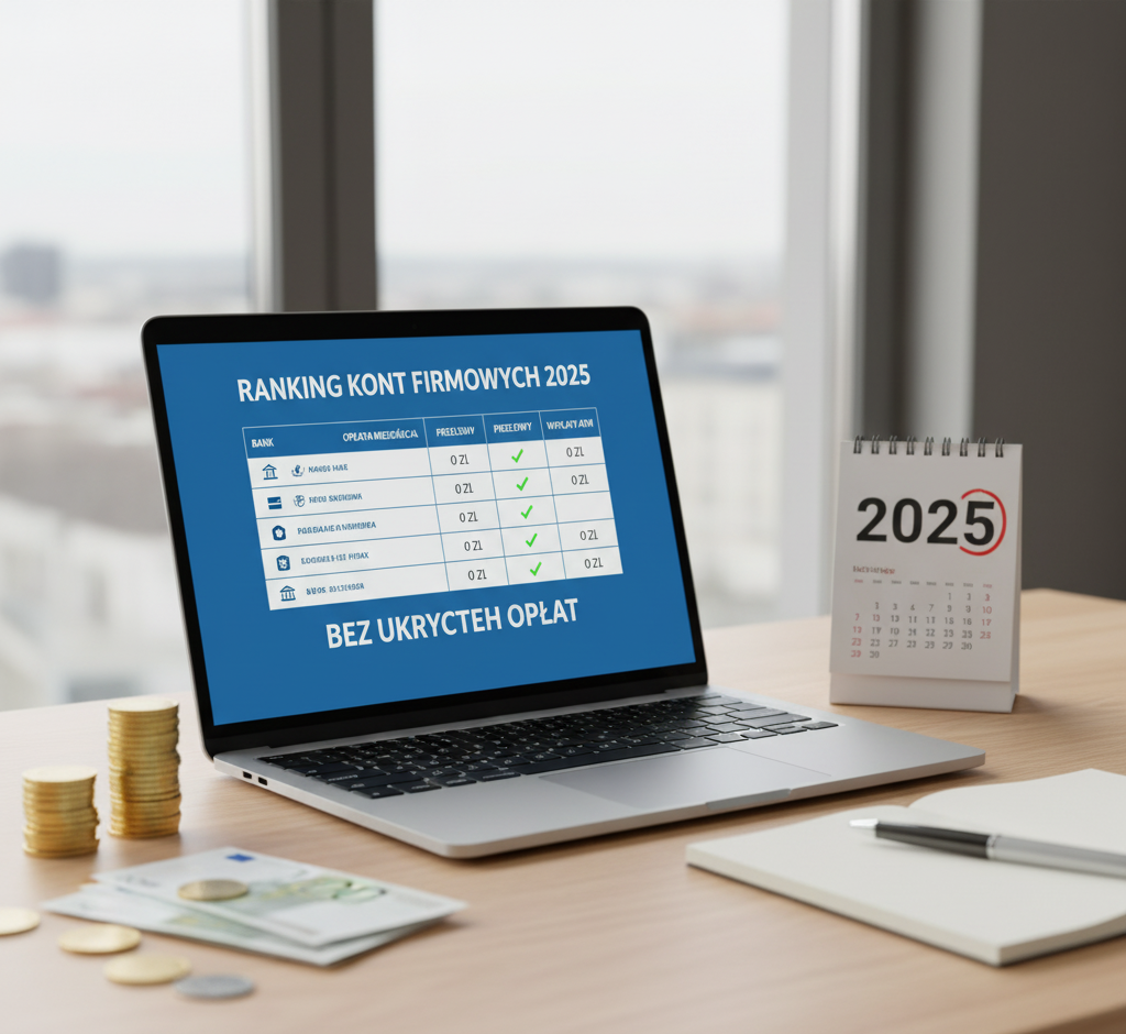 Nowoczesne biurko z laptopem wyświetlającym tabelaryczny ranking kont firmowych z symbolami "0 zł" i kalendarzem 2025. Obok leżą banknoty symbolizujące oszczędności.