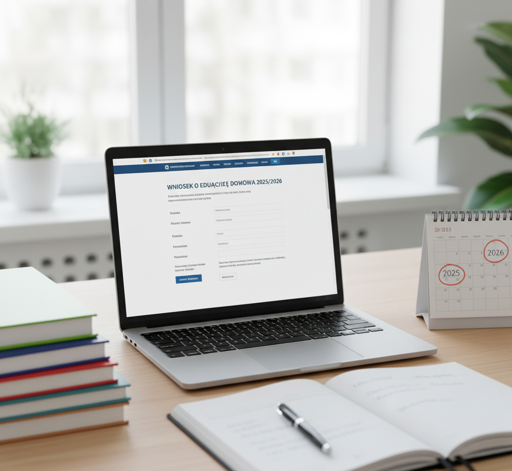 Otwarty laptop z symbolami edukacji online, obok stos podręczników i dokument z napisem "Wniosek o Edukację Domową 2025/2026".